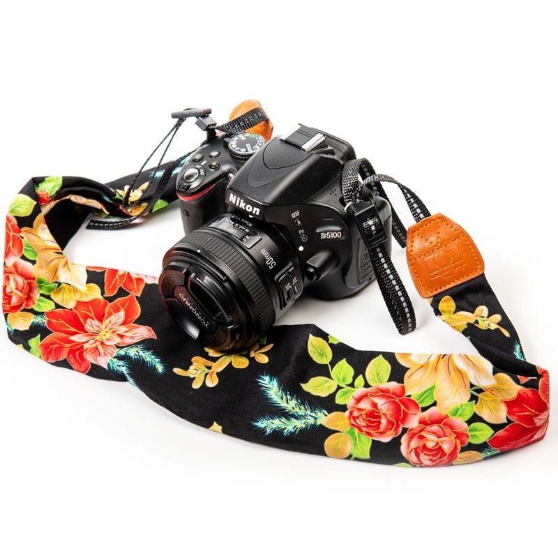 Black Floral Scarf Style Camera Strap