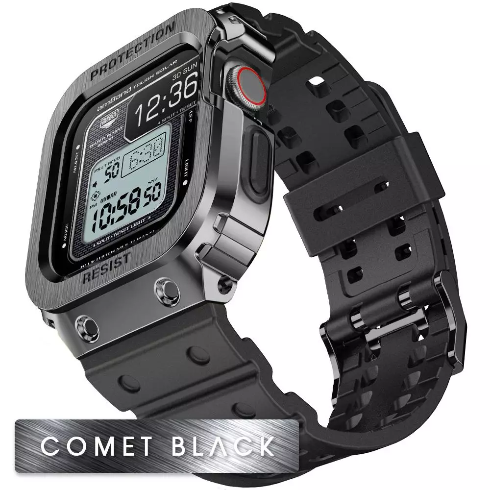 Apple Watch Band And Case Classic Stainless Steel Bumper With TPU Military Strap 44 45MM Comet Black
